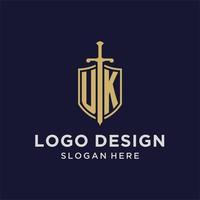 uk logo eerste monogram met schild en zwaard ontwerp vector