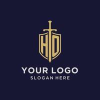 ho logo eerste monogram met schild en zwaard ontwerp vector