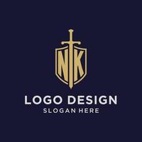 nk logo eerste monogram met schild en zwaard ontwerp vector