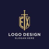ex logo eerste monogram met schild en zwaard ontwerp vector