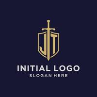 jt logo eerste monogram met schild en zwaard ontwerp vector