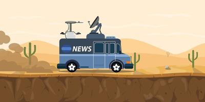 nieuws TV auto busje Aan de woestijn met zand en cactus berg vector grafisch illustratie