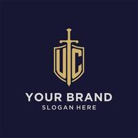 uc logo eerste monogram met schild en zwaard ontwerp vector