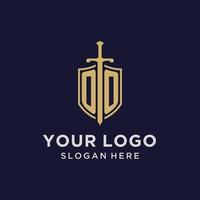 ooo logo eerste monogram met schild en zwaard ontwerp vector