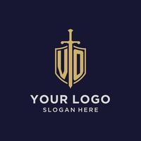 vo logo eerste monogram met schild en zwaard ontwerp vector