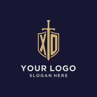 xo logo eerste monogram met schild en zwaard ontwerp vector