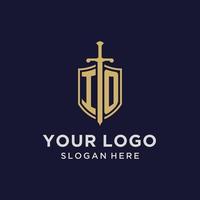 io logo eerste monogram met schild en zwaard ontwerp vector