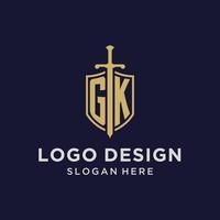 gk logo eerste monogram met schild en zwaard ontwerp vector