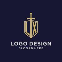 lx logo eerste monogram met schild en zwaard ontwerp vector