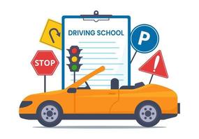 het rijden school- met onderwijs werkwijze van auto opleiding en aan het leren naar rit naar krijgen chauffeurs licentie in vlak tekenfilm hand- getrokken Sjablonen illustratie vector