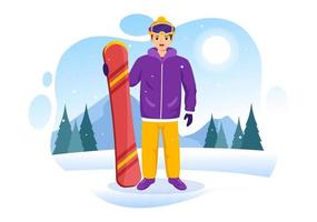 snowboarden met mensen glijden en jumping Aan besneeuwd berg kant of helling binnen vlak tekenfilm hand- getrokken Sjablonen illustratie vector