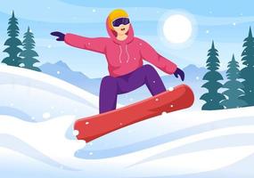 snowboarden met mensen glijden en jumping Aan besneeuwd berg kant of helling binnen vlak tekenfilm hand- getrokken Sjablonen illustratie vector