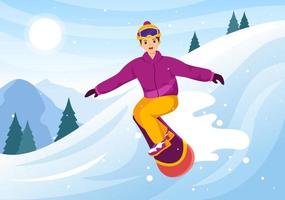 snowboarden met mensen glijden en jumping Aan besneeuwd berg kant of helling binnen vlak tekenfilm hand- getrokken Sjablonen illustratie vector