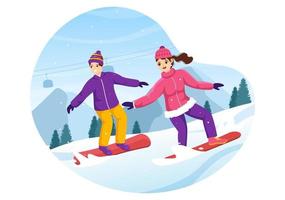 snowboarden met mensen glijden en jumping Aan besneeuwd berg kant of helling binnen vlak tekenfilm hand- getrokken Sjablonen illustratie vector