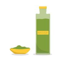 wasabi in fles en schaal, wasabi saus top visie. vector illustratie.