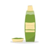 wasabi in fles en schaal, wasabi saus top visie. vector illustratie.