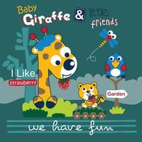 giraffe met vriend in de tuin grappig dier tekenfilm vector