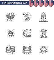Verenigde Staten van Amerika gelukkig onafhankelijkheid dagpictogram reeks van 9 gemakkelijk lijnen van helm Amerikaans schieten rooster barbecue bewerkbare Verenigde Staten van Amerika dag vector ontwerp elementen