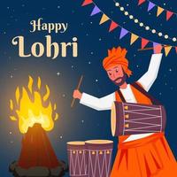 gelukkig lohri festival met een Mens spelen een trommel Bij de in de buurt vreugdevuur vector