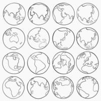 verzameling uit de vrije hand schets van de wereldkaart op wereldbol. vector
