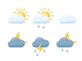 3d tekenfilm weer pictogrammen set. zon, maan, wolk, regenen, bliksem, onweersbui vector