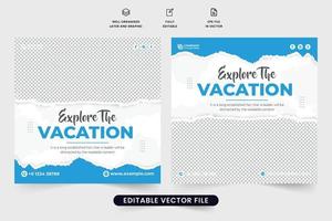 toeren groep promo sjabloon ontwerp voor digitaal marketing. reizen agentschap sociaal media post vector met blauw kleuren en borstel effect. vakantie reis beheer agentschap poster ontwerp met korting sectie