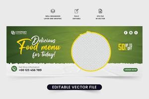 vers gezond voedsel sociaal media Hoes sjabloon vector met groen en geel kleuren. restaurant Promotie web banier ontwerp voor digitaal marketing. heerlijk voedsel menu advertentie banier sjabloon.