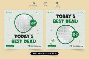 creatief voedsel promo sjabloon ontwerp met foto tijdelijke aanduidingen en groen kleur. speciaal voedsel menu korting poster vector voor sociaal media marketing. restaurant voedsel menu promotionele web banier vector.