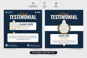 minimaal cliënt getuigenis terugkoppeling lay-out ontwerp met creatief vormen Aan een donker achtergrond. zakelijke bedrijf klant recensie sjabloon vector. cliënt website recensie met geel en wit kleuren. vector