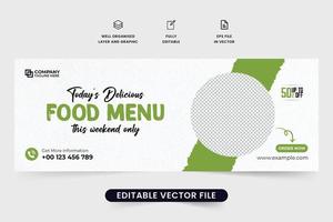 weekend voedsel korting sociaal media Hoes ontwerp met groen en donker kleuren. restaurant menu Promotie sjabloon vector met foto plaats houders. voedsel bedrijf reclame web banier ontwerp.