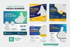 wasserij onderhoud sociaal media post verzameling met donker en geel kleuren. wasserij en droog schoonmaak onderhoud sjabloon bundel voor marketing. kleding het wassen promotionele web banier reeks vector. vector