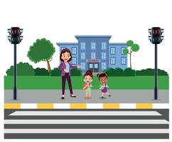 schattig school- kinderen met rugzakken aan het wachten voor hou op teken Bij voetganger verkeer licht naar kruis Bij voetganger kruispunt Aan hun manier naar school- vector