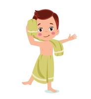 weinig jongen vervelend badjas staand met handdoek vector beeld