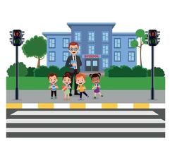 schattig school- kinderen met rugzakken aan het wachten voor hou op teken Bij voetganger verkeer licht naar kruis Bij voetganger kruispunt Aan hun manier naar school- vector