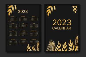 klassiek maandelijks kalender voor 2023. kalender met palm bladeren, zwart en goud kleur vector