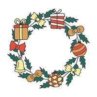 Kerstmis krans met boog, klok, Kerstmis bal, geschenk, pijnboom en Spar takken, hand- getrokken tekening. Kerstmis en gelukkig nieuw jaar decoratief ansichtkaart. vector illustratie