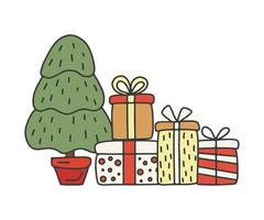 Kerstmis Spar boom in pot decoratie met geschenken, tekening stijl. schetsen boom Spar en Geschenk. hand- getrokken ontwerp Aan Kerstmis en nieuw jaar vakantie. vector illustratie
