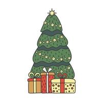 Kerstmis Spar boom decoratie met geschenken, tekening stijl. schetsen boom Spar groen kleur. hand- getrokken ontwerp Aan Kerstmis en nieuw jaar vakantie. vector illustratie