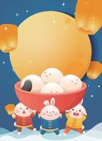 schattig konijn karakter of mascotte, lantaarn festival of winter zonnestilstand met kleverig rijst- ballen, kleverig rijst- zoet voedsel in Azië, lucht lantaarn en maan, poster in verticaal stijl vector