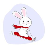 konijn rodelen naar beneden de heuvel. schattig konijn tekenfilm karakter. voor kalenders, t-shirts, spandoeken, stickers, flyers, affiches, boeken.winter illustratie vector