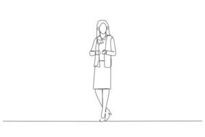 tekenfilm van zakenvrouw met Rechtdoor haar- stijl in kantoor met hoog hiel- schoenen. een lijn stijl kunst vector