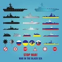 een reeks van pictogrammen van schepen, marine- mijnen en anti-oorlog tekens geschilderd in de kleuren van de vlaggen van Rusland en Oekraïne. belettering Nee oorlog oorlog in de zwart zee. vector illustratie