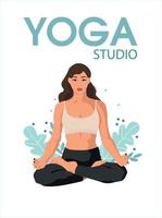 yoga Gezondheid voordelen van de lichaam, geest en emoties. mooi jong vrouw in lotus houding, vector vlak illustratie.