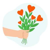 hand- Holding boeket van bloemen in de het formulier van hart. liefde fabriek. vlak vector illustratie. ontwerp voor valentijnsdag dag en vrouw dag. de concept van soort en liefde.