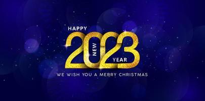 illustratie van 2023 gelukkig nieuw jaar gouden kleuren met donker blauw achtergrond, vuurwerk en schitteren fonkeling ster decoratie voor groet kaarten, uitnodiging, teken spandoeken, sociaal media en afdrukken ontwerpen vector