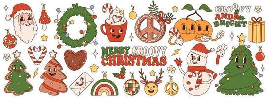 groovy hippie Kerstmis stickers. de kerstman claus, Kerstmis boom, geschenken, regenboog, vrede, groovy en helder, koffie, in modieus retro tekenfilm stijl. vrolijk Kerstmis en gelukkig nieuw jaar. vector