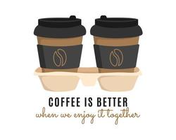 koffie naar Gaan, koffie voor twee. illustratie van koffie papier cups met een opschrift Aan een wit achtergrond. vector illustratie.