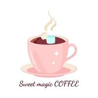 smakelijk toetje drankje. een kop van heet chocola allemaal koffie met marshmallows. zoet magie koffie. vector illustratie.