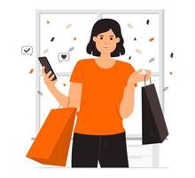 mooi jong vrouw met boodschappen doen Tassen gebruik makend van haar smartphone illustratie vector