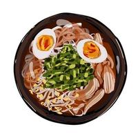 Japans ramen soep met kip, noedels, eieren, gehakt groen ui. buitenspel tekening illustratie voor restaurant menu. top visie. vector illustratie.